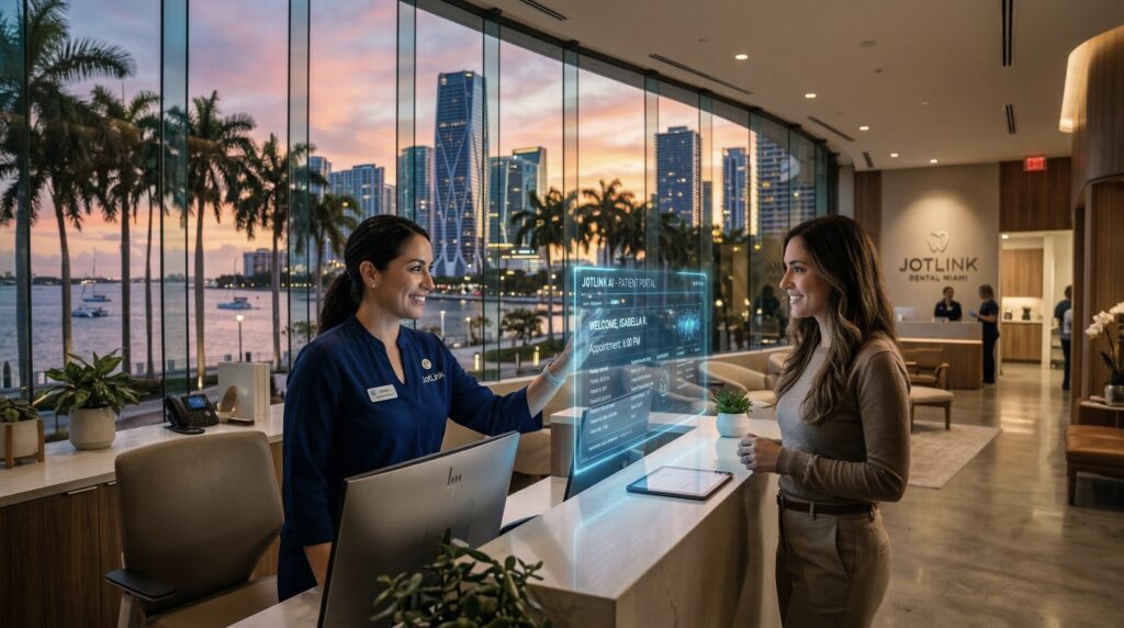 A human staff member at a Miami dental clinic using a Dental CRM Miami interface to manage patient records.