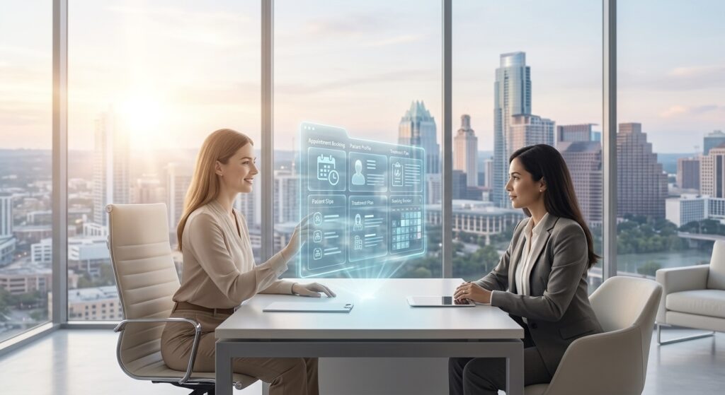 A professional receptionist using an AI Receptionist for Medical Spas holographic interface in an Austin clinic.