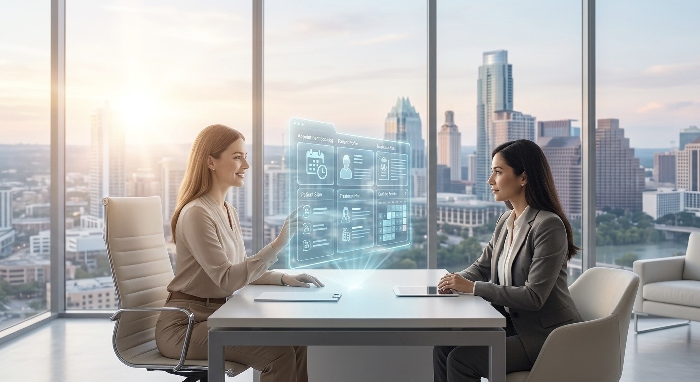 A professional receptionist using an AI Receptionist for Medical Spas holographic interface in an Austin clinic.