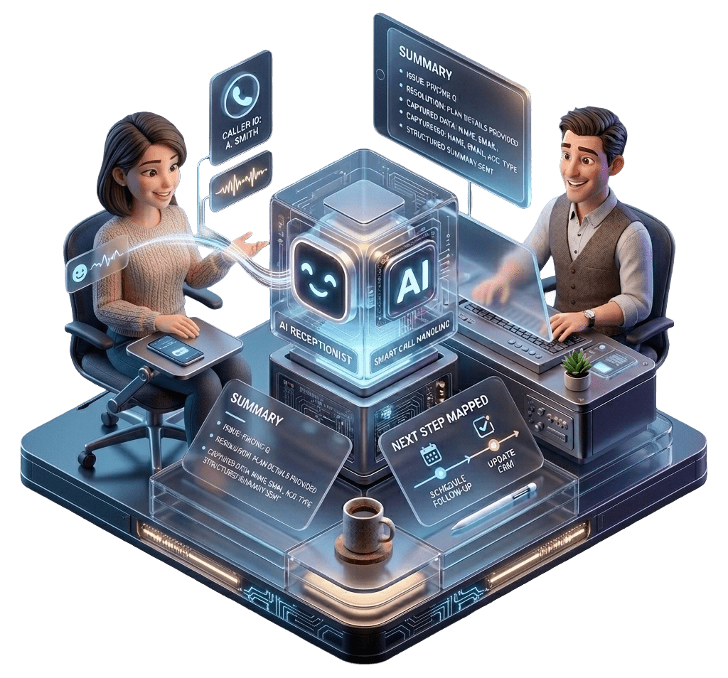 AI receptionist software answering business calls and routing summaries