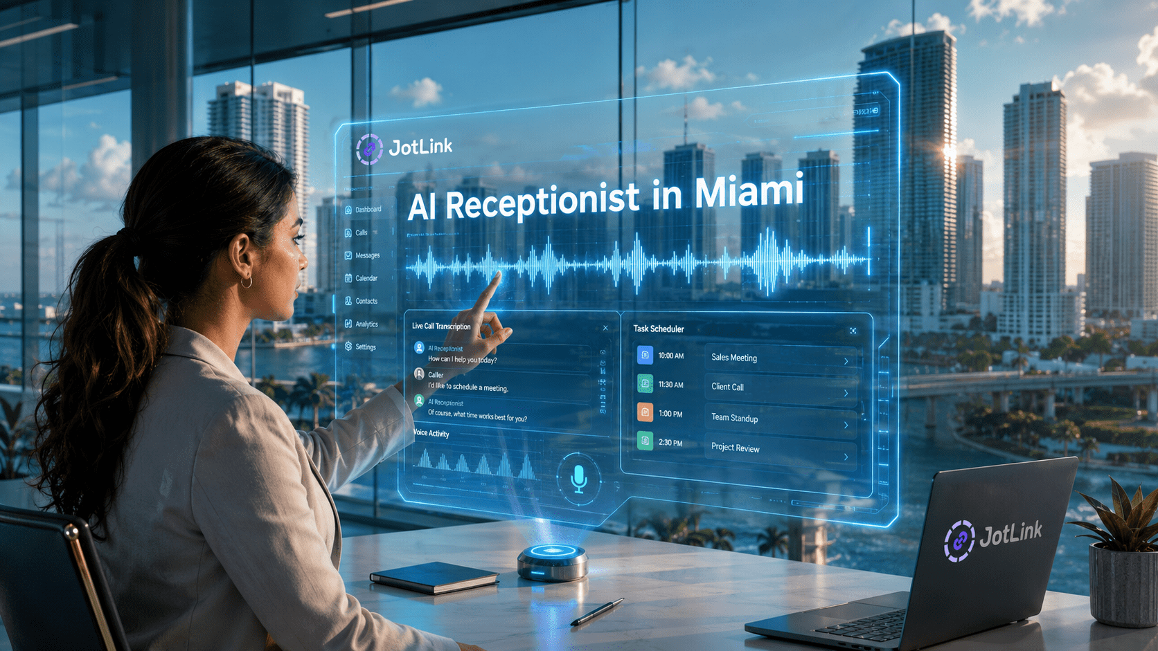 corporate-employee-interacting-with-an-ai-receptionist-in-miami-holographic-dashboard-interface