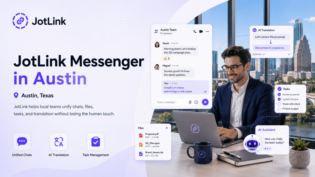 human-staff-member-using-jotlink-messenger-in-austin-blue-holographic-interface