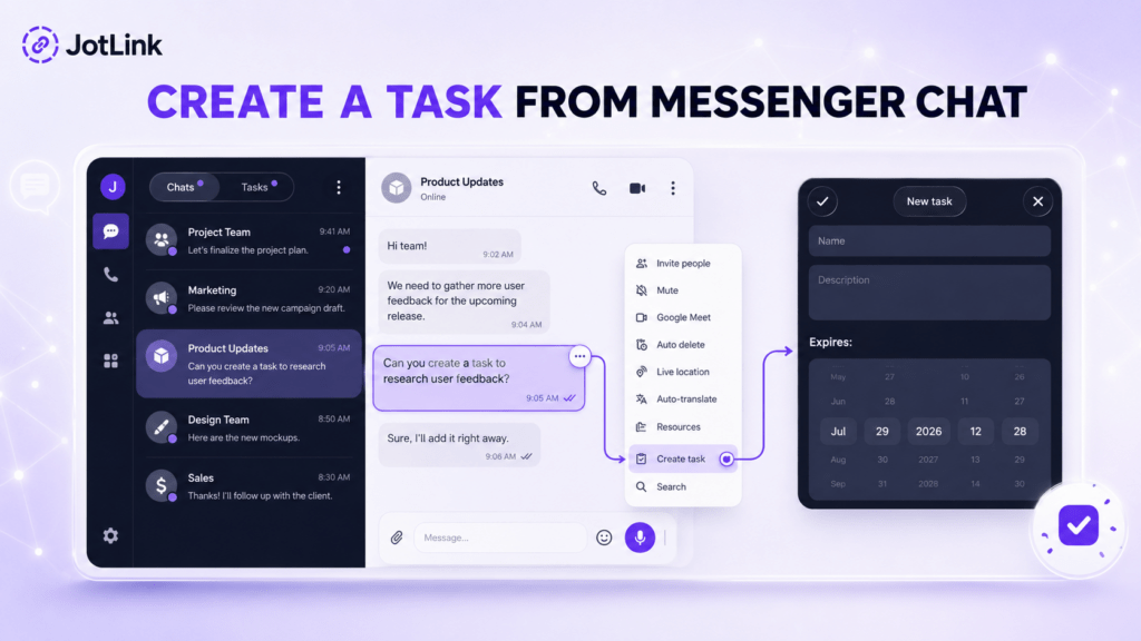 Small business team using JotLink Messenger to manage chats, calls, tasks, files, and multilingual communication