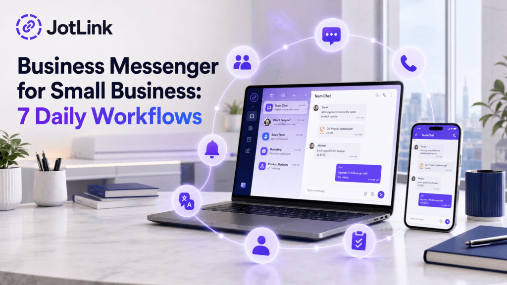 Small business team using JotLink Messenger to manage chats, calls, tasks, files, and multilingual communication