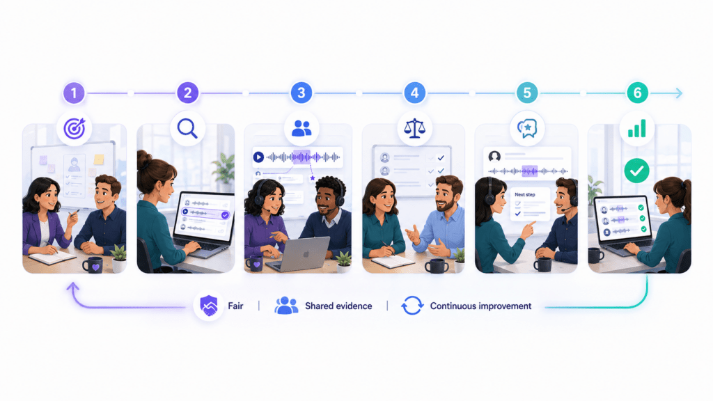 Six-stage call recording QA workflow from selecting a call through scoring, coaching, and checking later calls