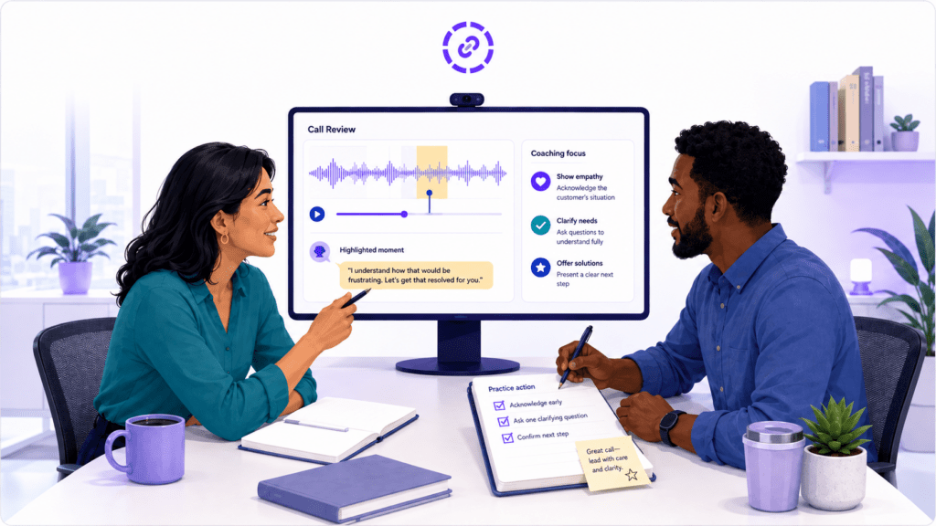 Manager and employee reviewing a recorded customer call against a clear quality-assurance scorecard