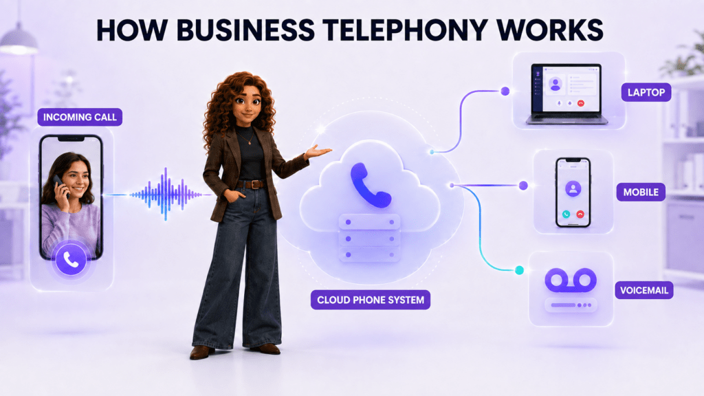 explains how an incoming customer call passes through a cloud phone system to a laptop, mobile phone, or voicemail