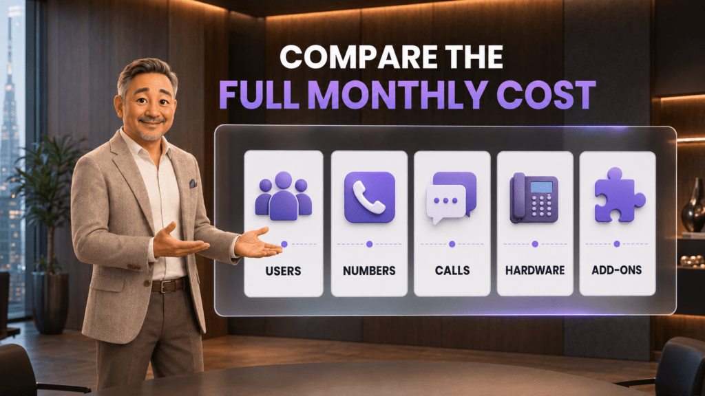 David compares the full monthly cost of a business phone system across users, numbers, calls, hardware, and add-ons