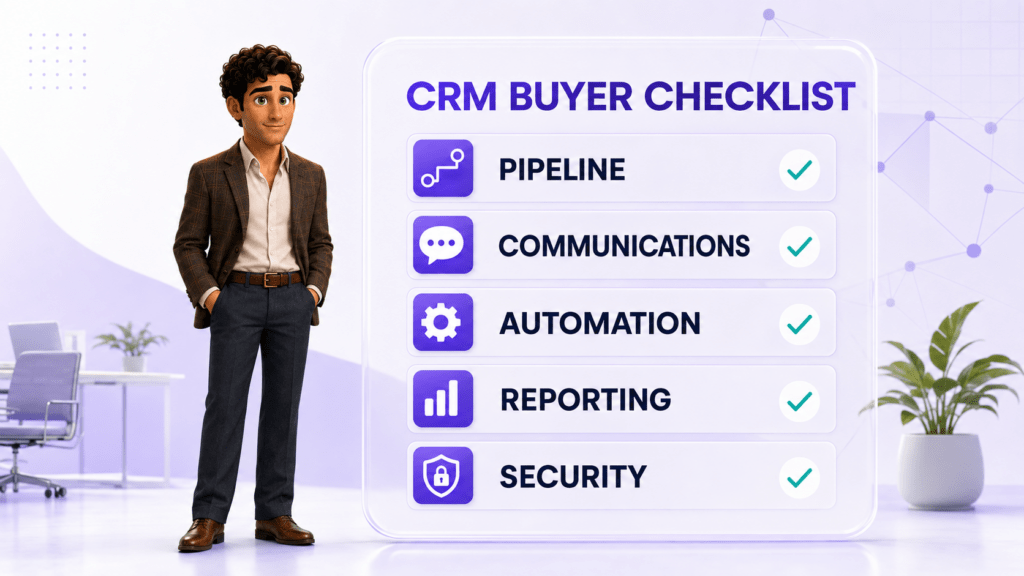 William presents a CRM buyer checklist covering pipeline, communications, automation, reporting, and security