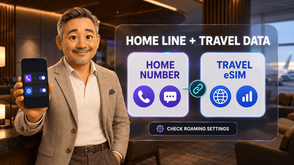 David shows how a home number can remain active while a travel eSIM provides mobile data