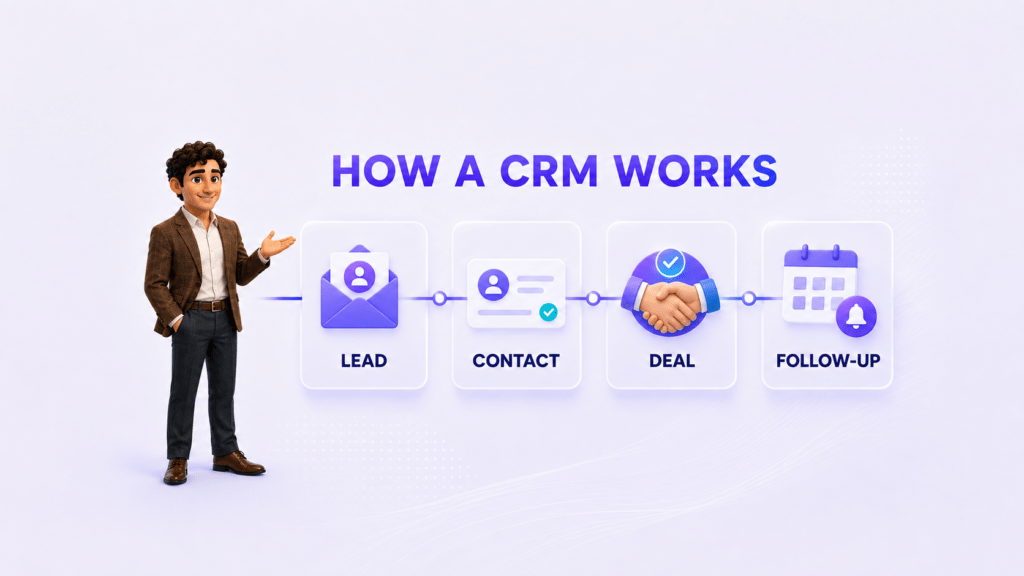 William explains a CRM workflow that moves from lead to contact, deal, and follow-up