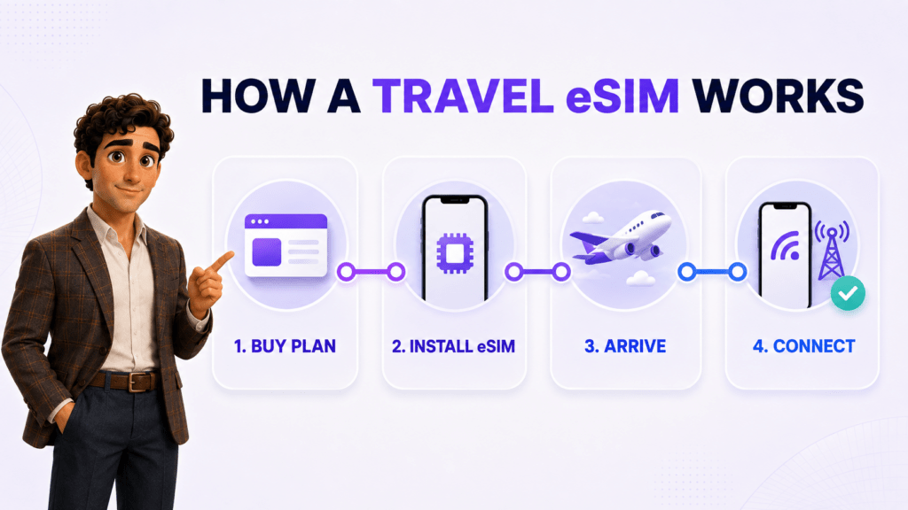 William explains the four steps for buying, installing, activating, and connecting with a travel eSIM
