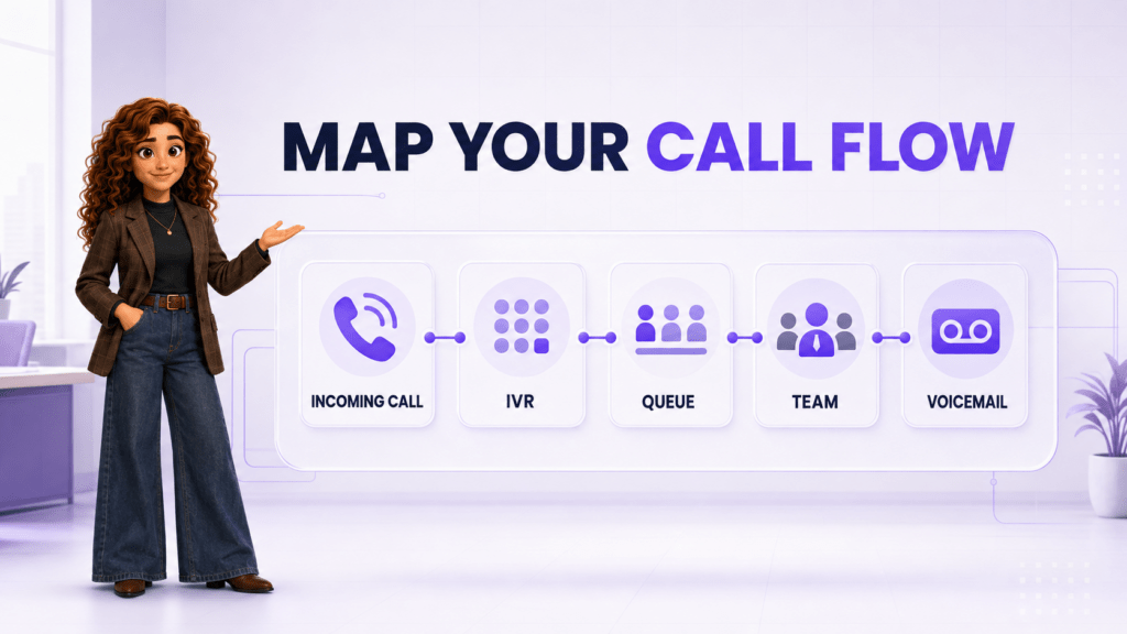 Mia maps an incoming business call through IVR, a call queue, the team, and voicemail