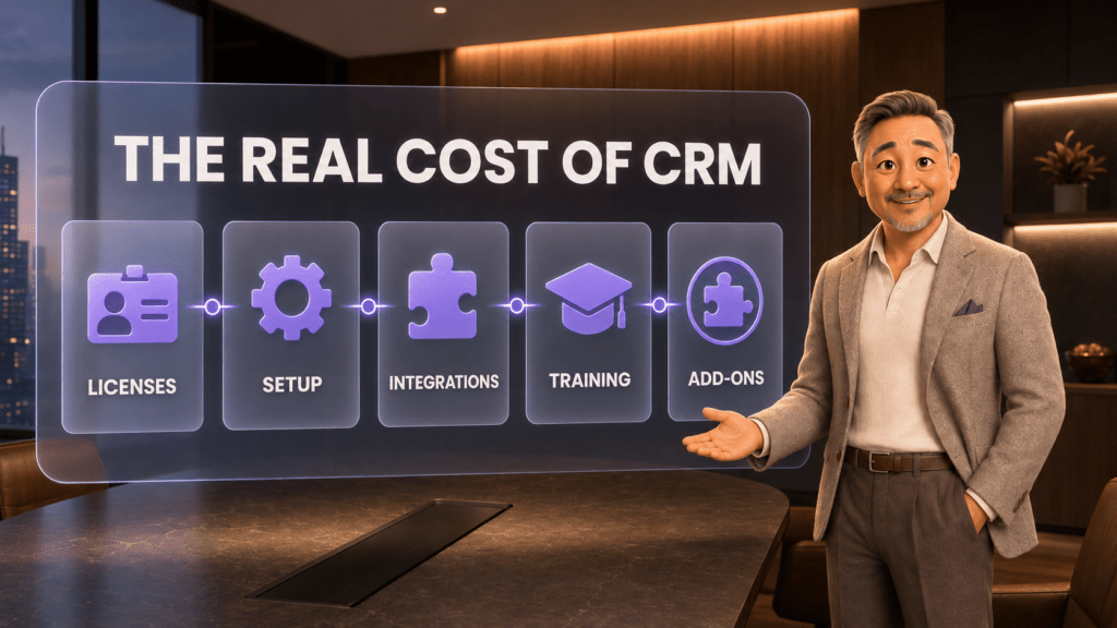 David explains that the real cost of CRM includes licenses, setup, integrations, training, and add-ons