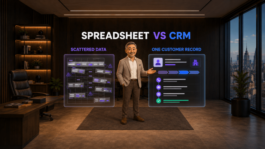 David compares scattered customer information in a spreadsheet with one organized CRM record