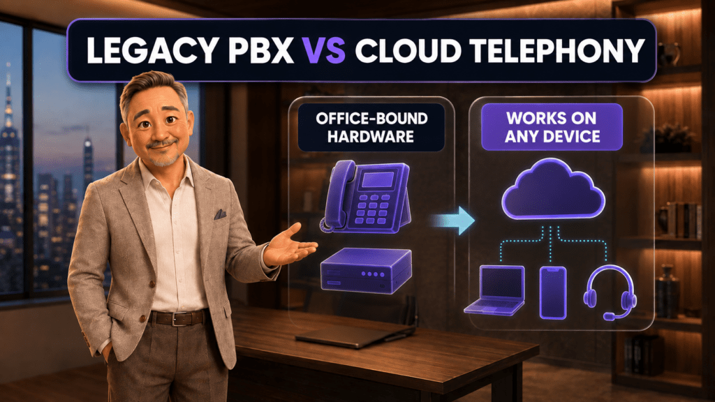David compares a traditional office PBX and desk phone with cloud telephony across a laptop, smartphone, and headset