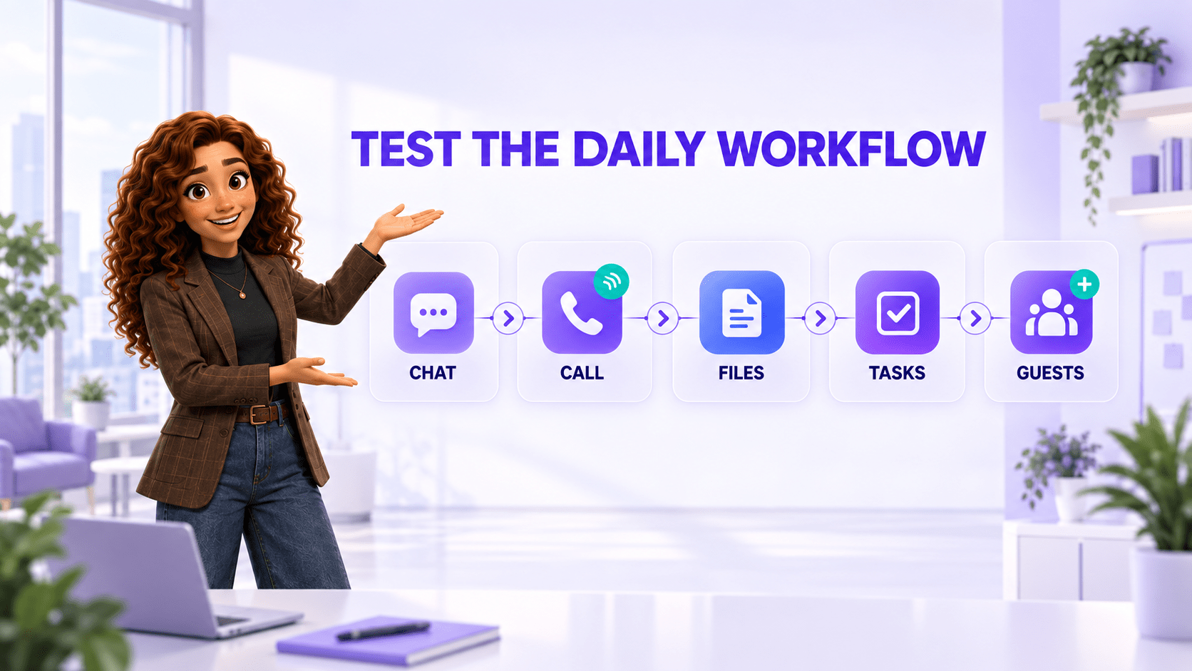 Mia tests business messenger workflows for chat, calls, files, tasks, and guests